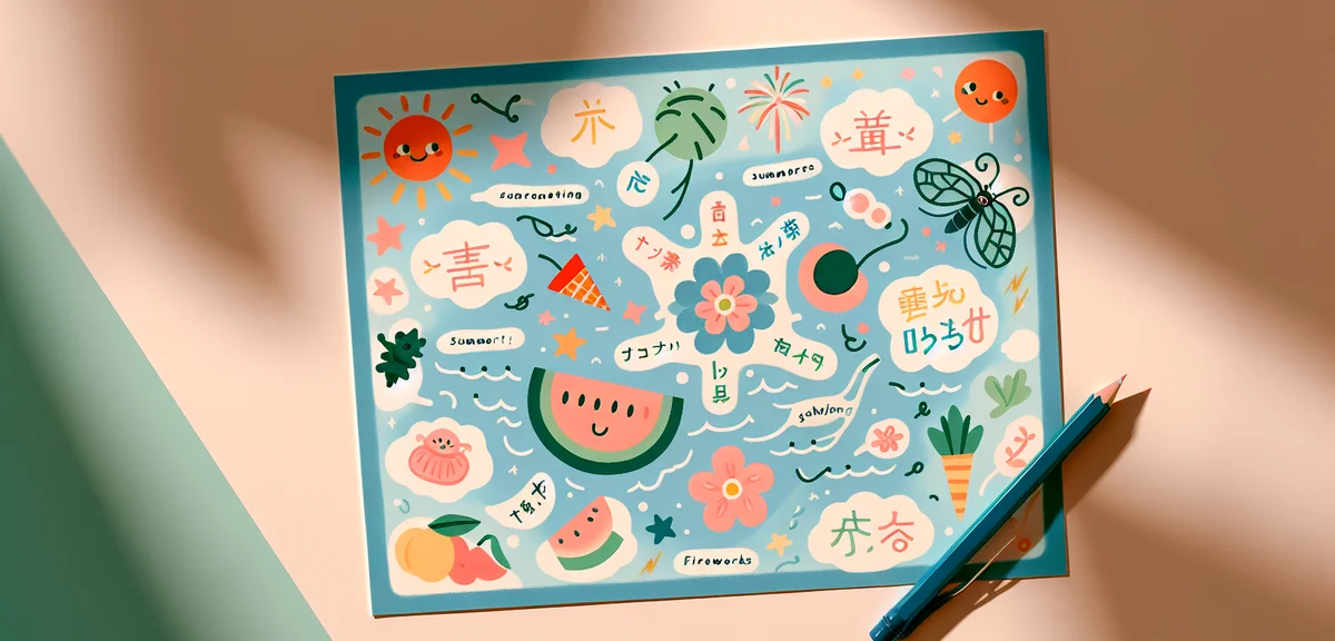A colorful mind map on paper with summer-themed words written in Japanese: sea, fireworks, watermelo