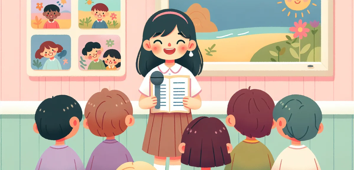 A Japanese elementary school student reading a poem aloud in front of classmates, colorful summer ar