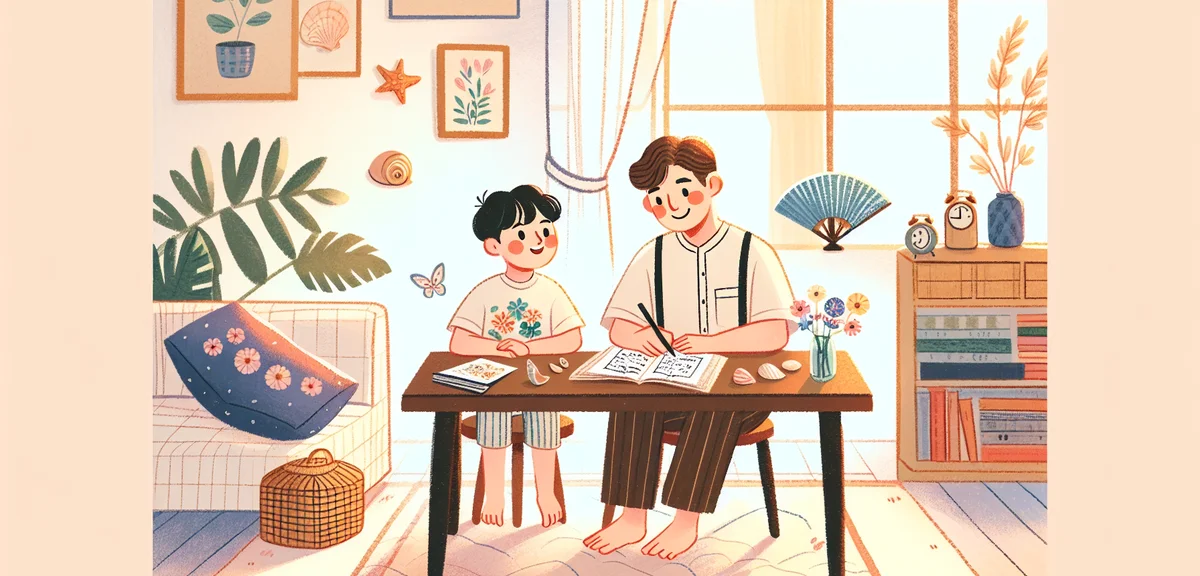 A parent and child sitting together at a low table writing poetry, surrounded by summer items like s