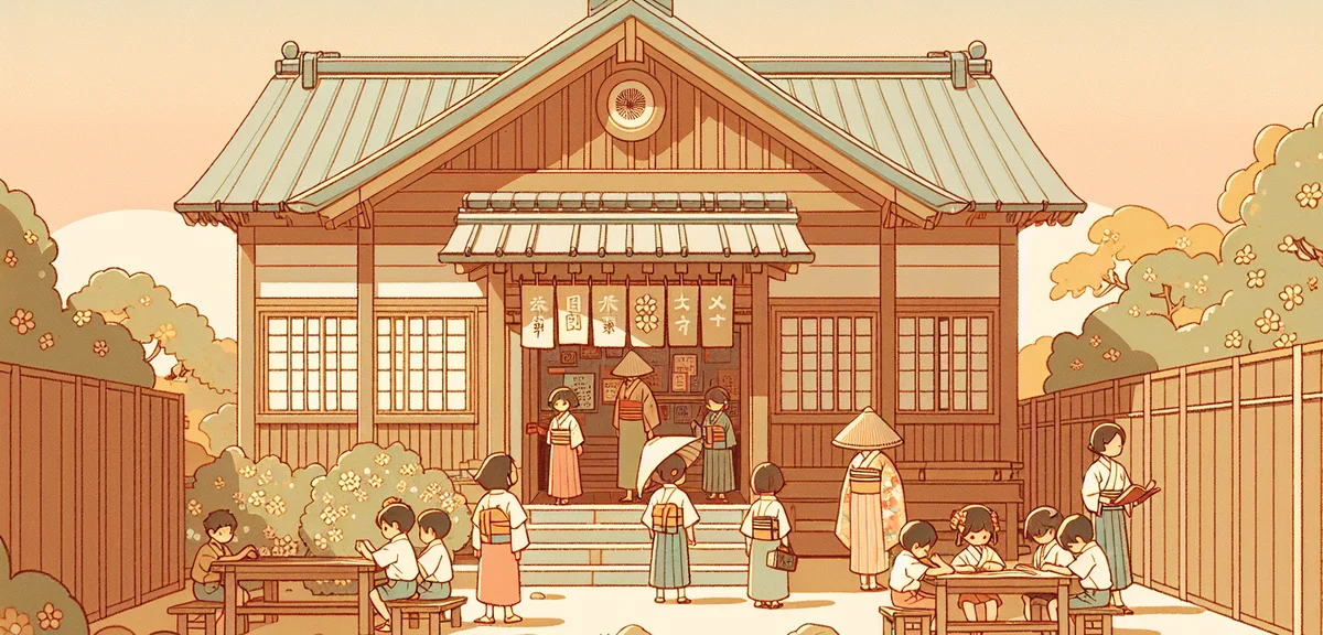 Meiji era Japanese wooden elementary school building in summer, children in traditional clothing stu