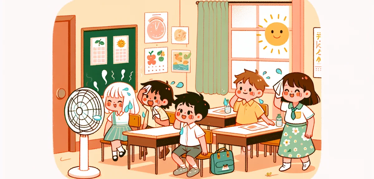 Japanese children suffering from summer heat in a classroom without air conditioning, wiping sweat, 