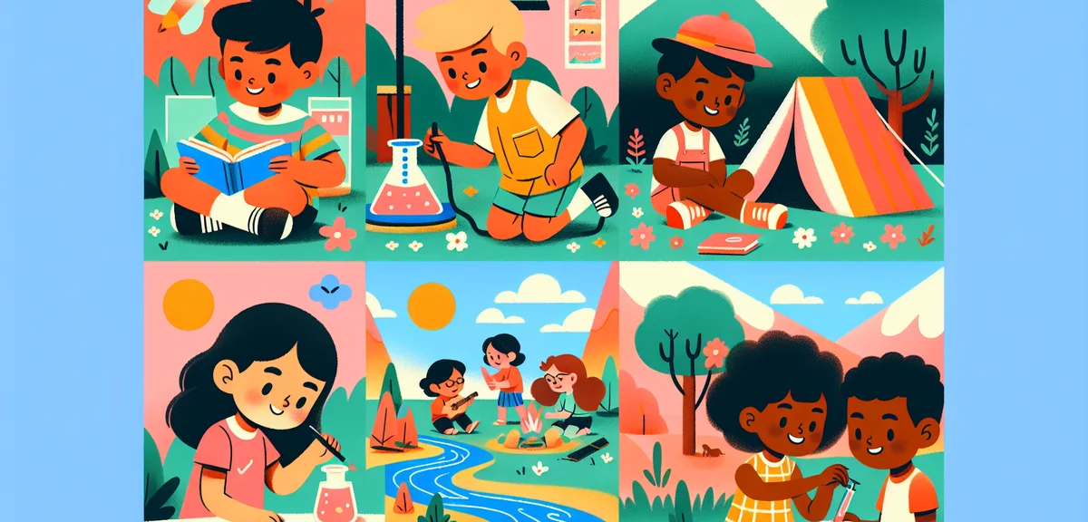 Happy Japanese children enjoying various summer vacation activities - reading books outdoors, doing 