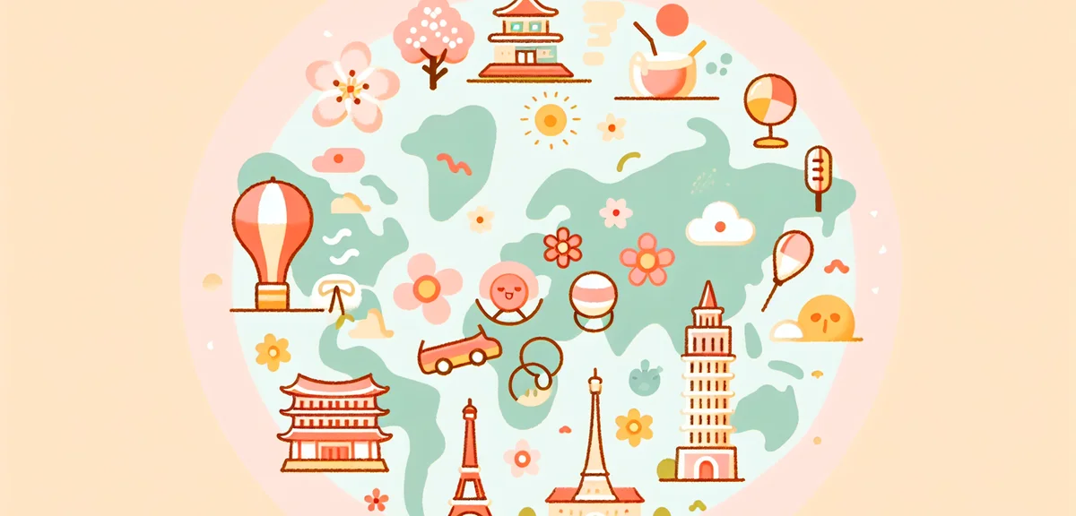 World map showing different countries with icons representing their summer vacation periods - cherry