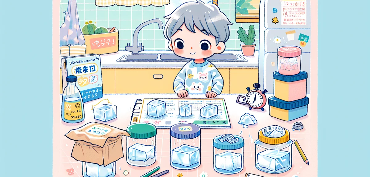 A Japanese elementary school child observing ice cubes melting in four different containers (wrapped