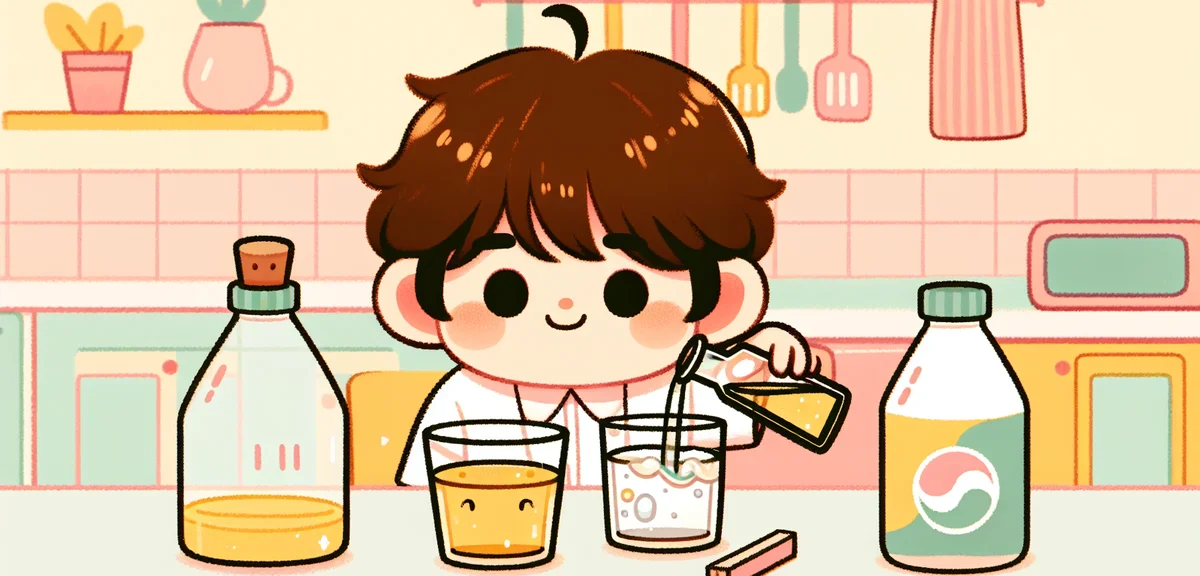 A Japanese child pouring oil into a glass of water, watching layers separate, baking soda and vinega