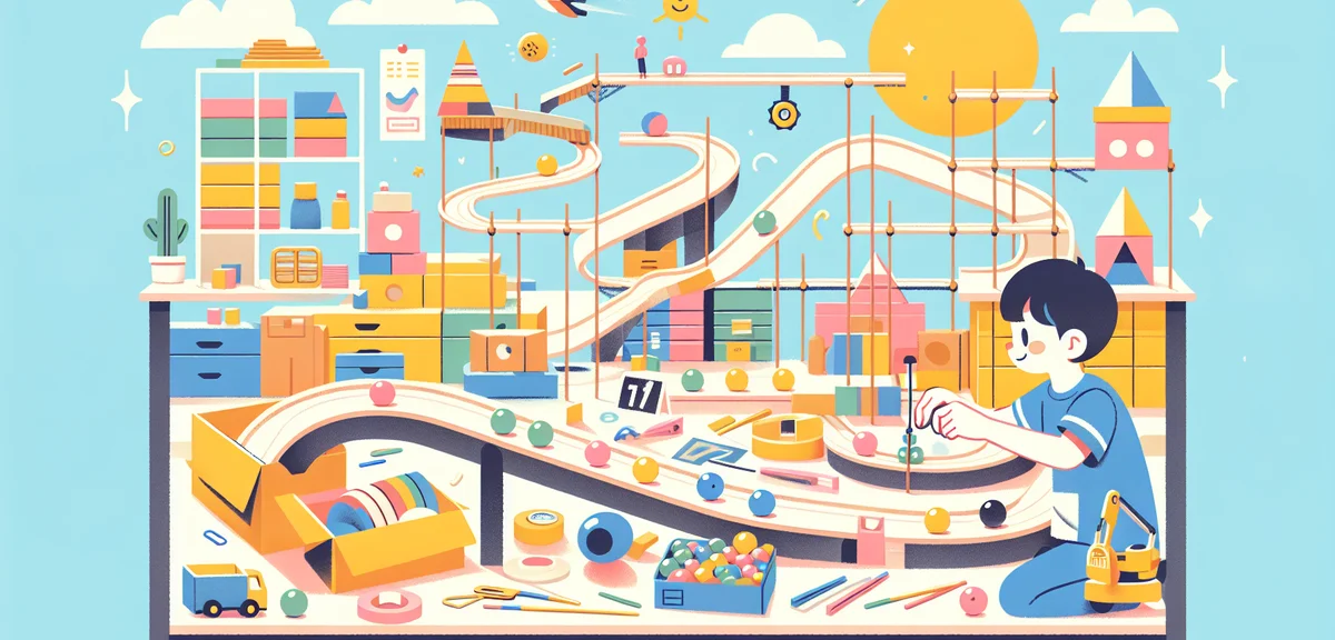 A Japanese child building a marble run course with cardboard boxes, paper tubes, and tape on a large