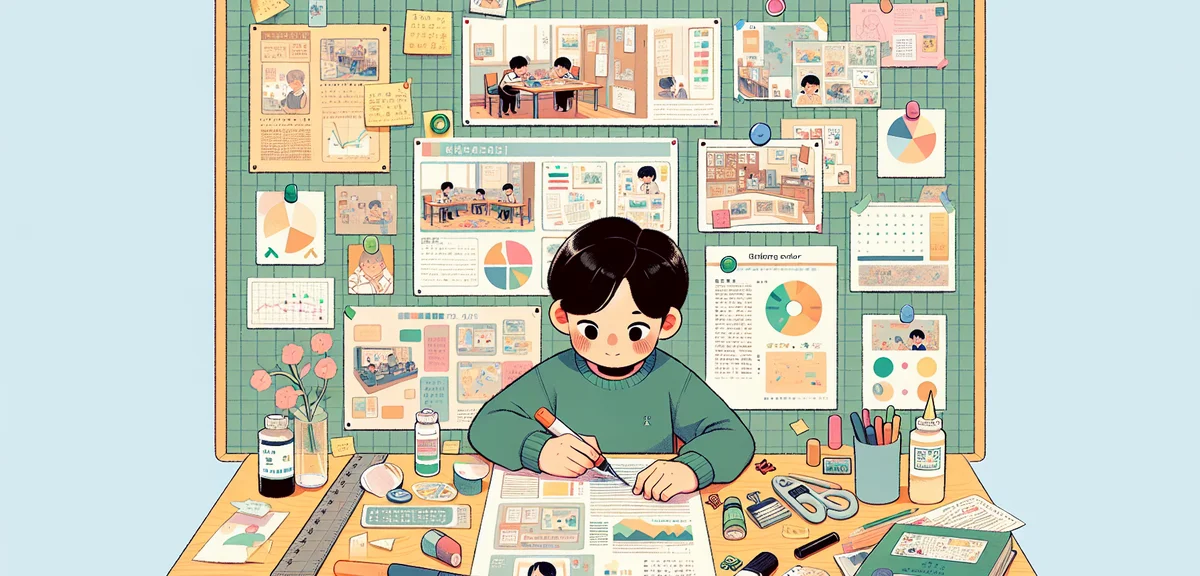 A Japanese 4th grader writing a neat research summary on a large poster board with colorful markers,