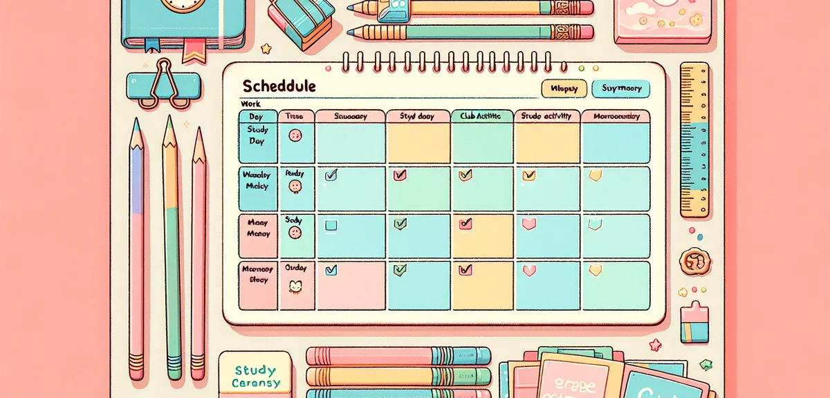 A detailed weekly schedule template on a desk with color-coded blocks for study, club activities, an