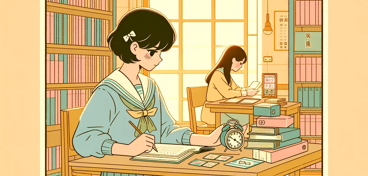 A Japanese high school student in summer clothes studying at a library desk with a timer and flashca