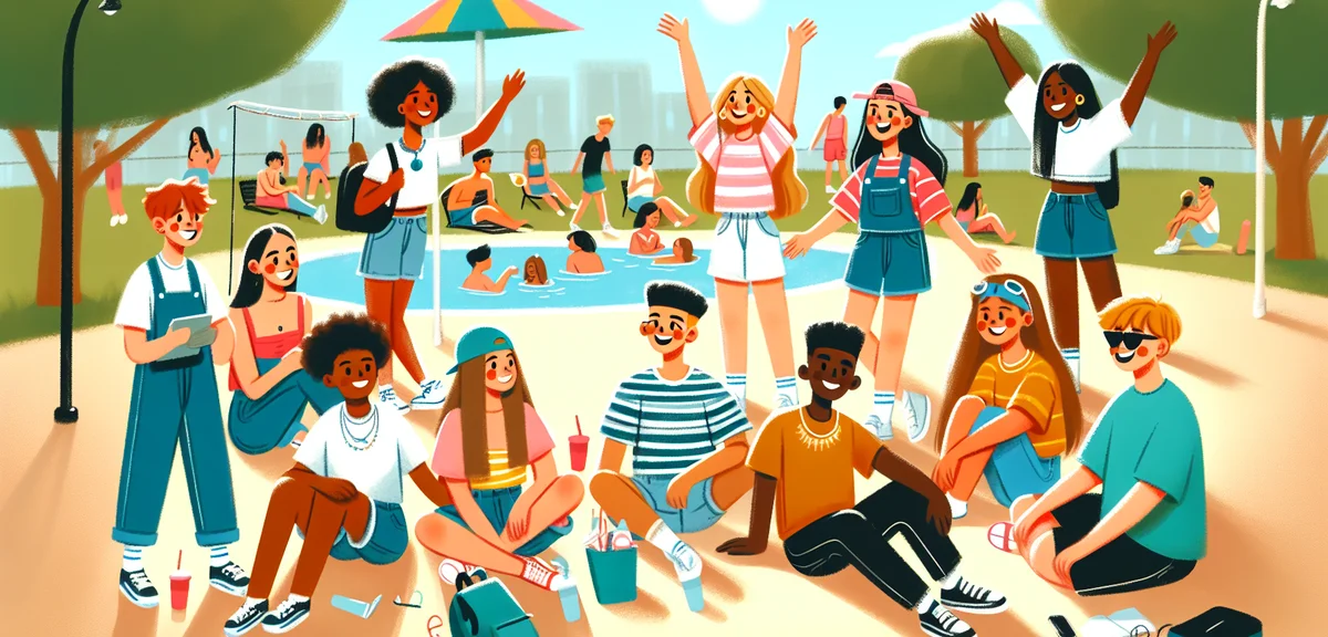 A group of Japanese high school friends enjoying summer activities together at a park, laughing and 