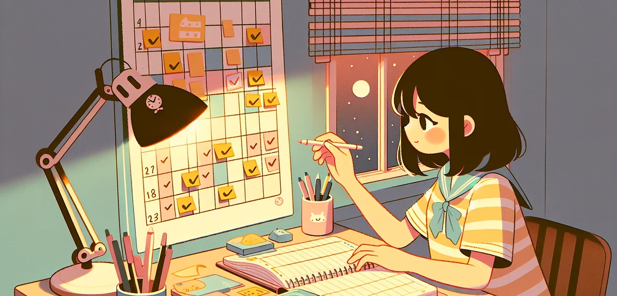 A Japanese high school student reviewing and adjusting a schedule planner with sticky notes and chec