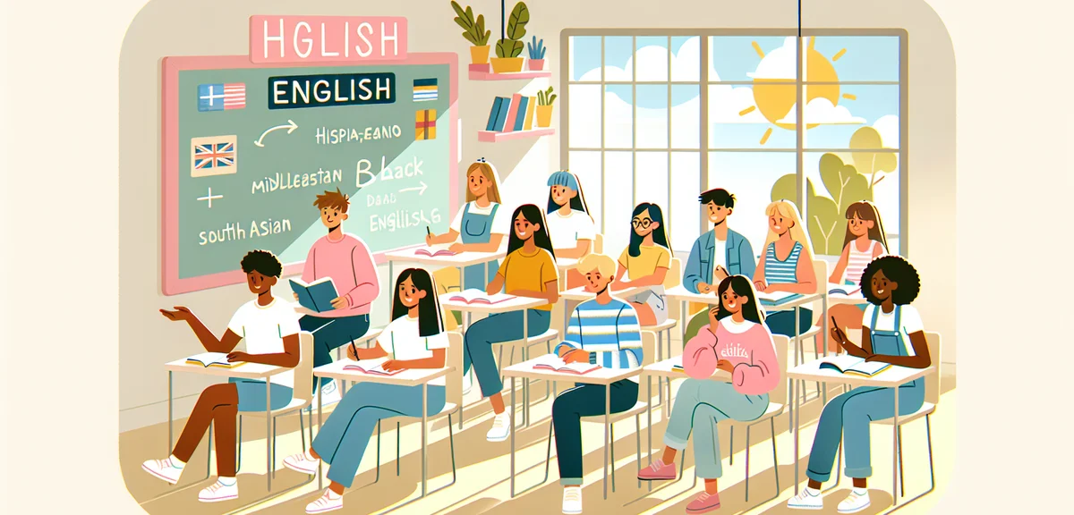 A diverse group of international teenagers studying English together in a bright modern classroom, s