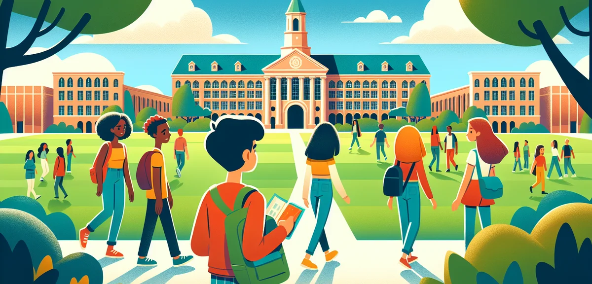 A Japanese teenager exploring a beautiful university campus abroad in summer, green lawns and histor