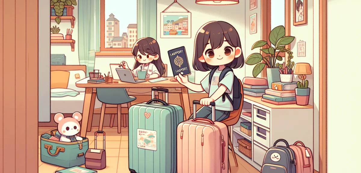 A Japanese junior high school student packing a suitcase at home for a study abroad trip, passport a