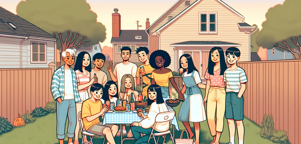 Japanese teenagers and international students having fun at a homestay family barbecue in a suburban