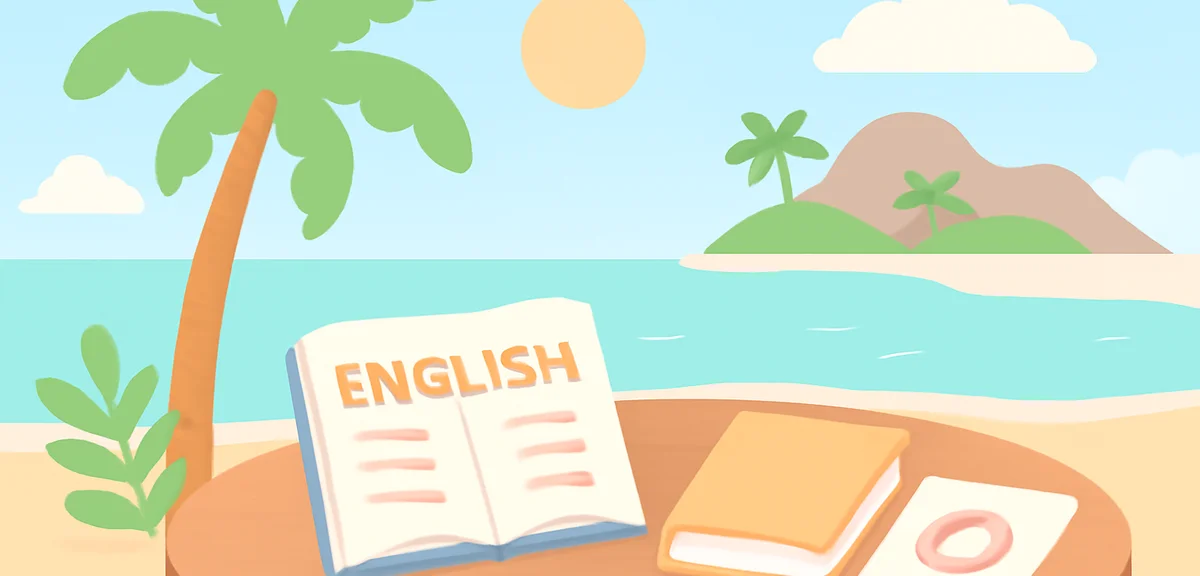 Cebu island beach resort with English learning materials on table, tropical summer