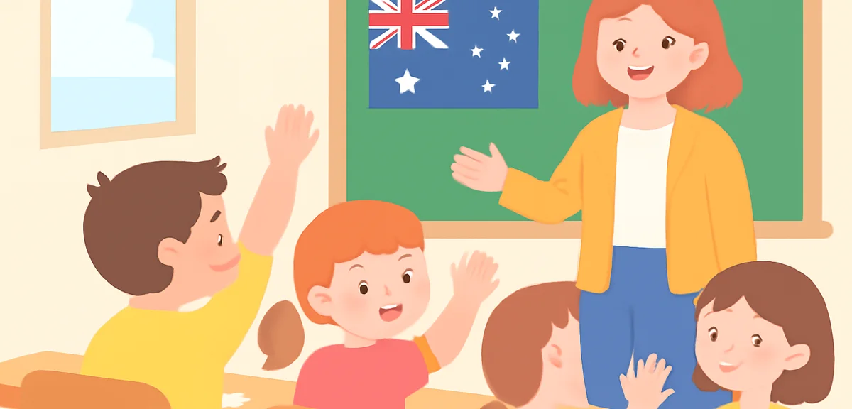 Australian classroom with elementary students raising hands, friendly teacher