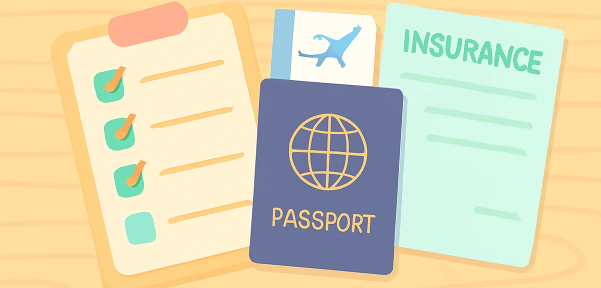 Checklist with passport, airplane ticket, insurance documents on wooden desk, flat lay