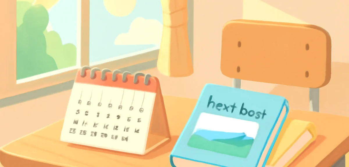 カレンダーと学校の教科書が机に並ぶ様子、夏の光が差し込む教室、落ち着いた配色、写真風