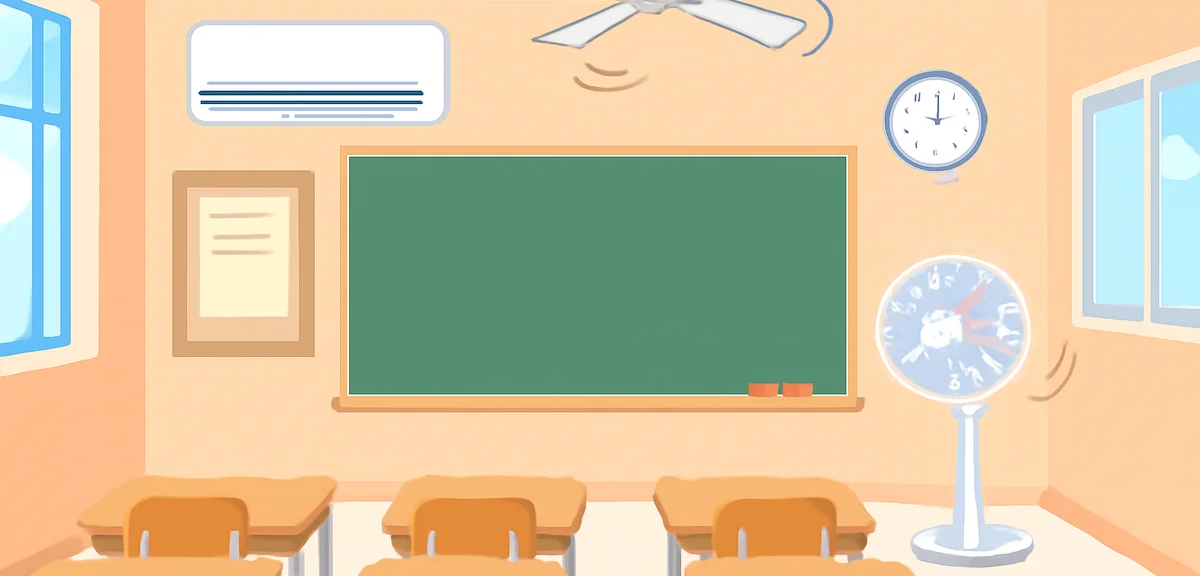 エアコンが設置された現代的な小学校の教室、扇風機と併用、明るい雰囲気、写真風
