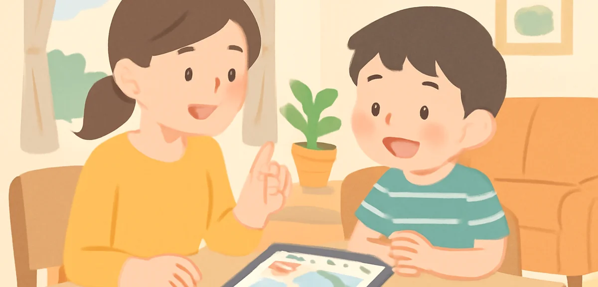 保護者と子どもが一緒に夏休みの予定を話し合う家庭のリビング、温かい雰囲気、写真風