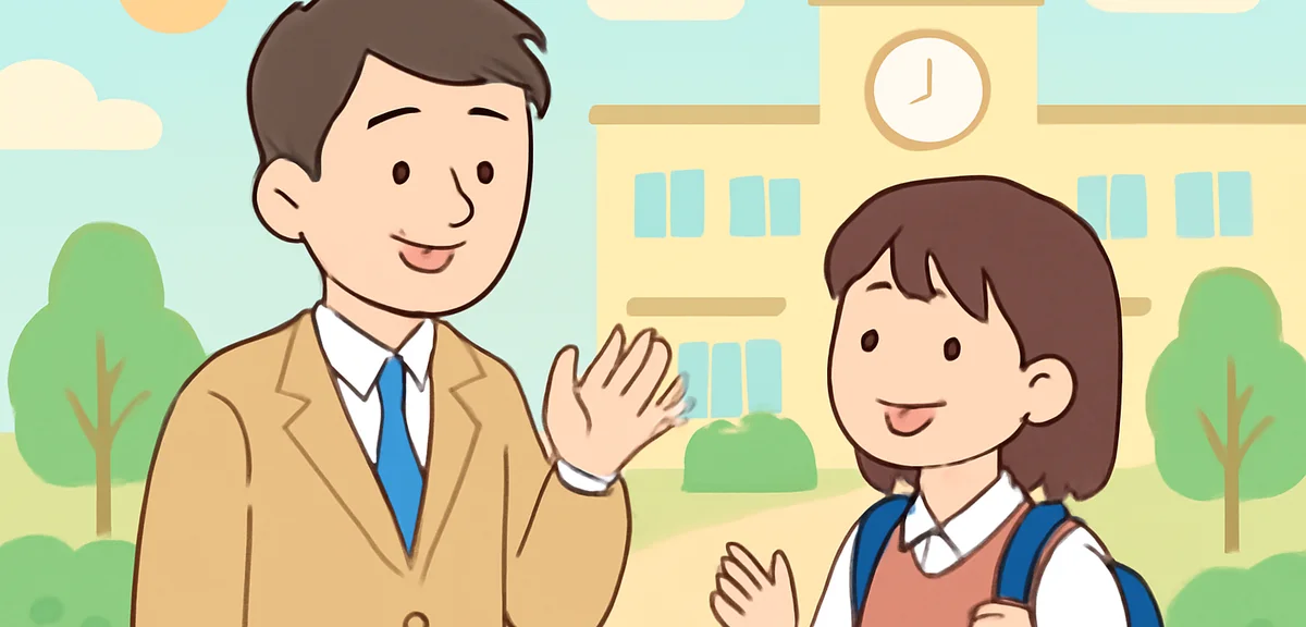 先生と生徒が学校で会話している様子、穏やかな夏の午後、写真風