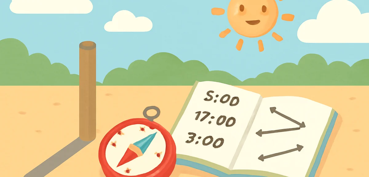 地面に落ちた棒のかげと方位磁石、時間ごとのかげの位置を記録するノート、屋外の晴れた日