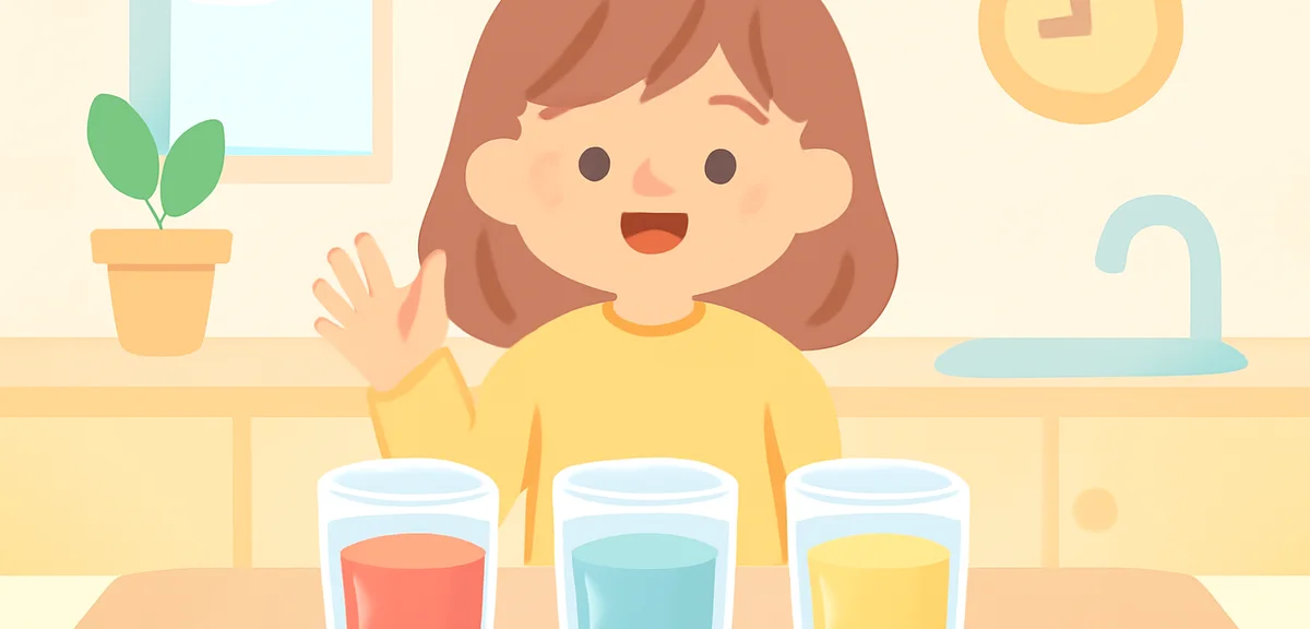 透明なコップに入った赤・青・黄色の色水が並んでいる実験シーン、明るいキッチンテーブル