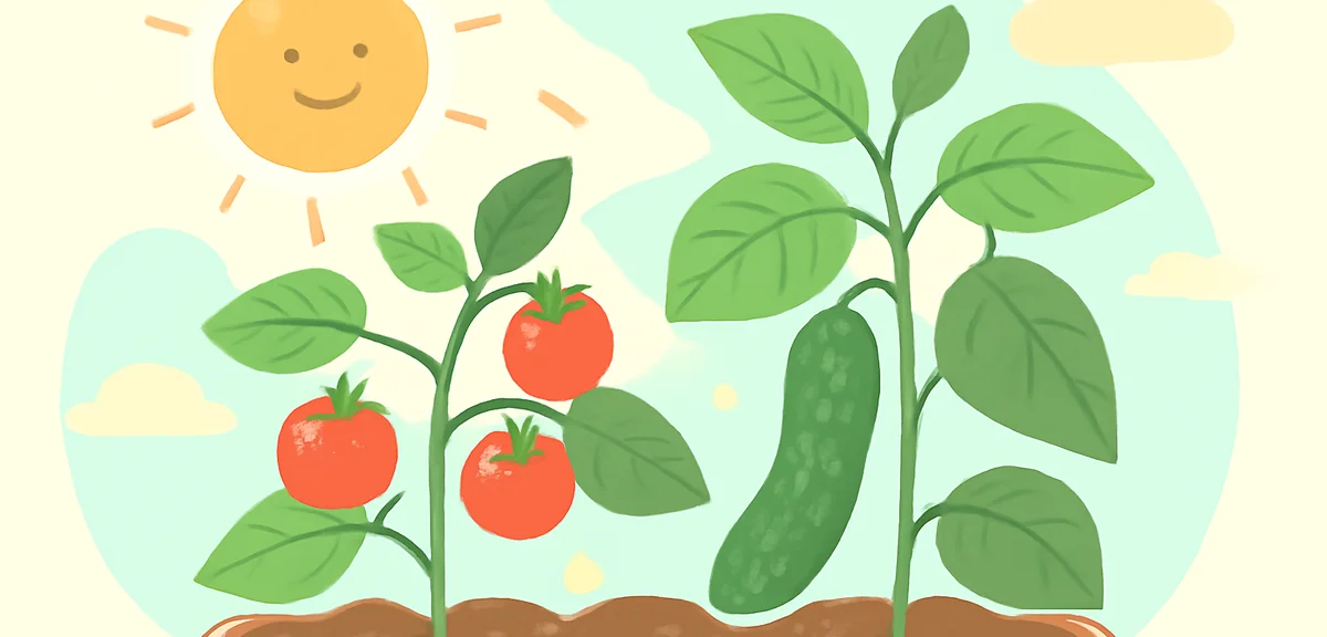 プランターで育つミニトマトやきゅうりなどの夏野菜、太陽の光を浴びる葉と実、自然光