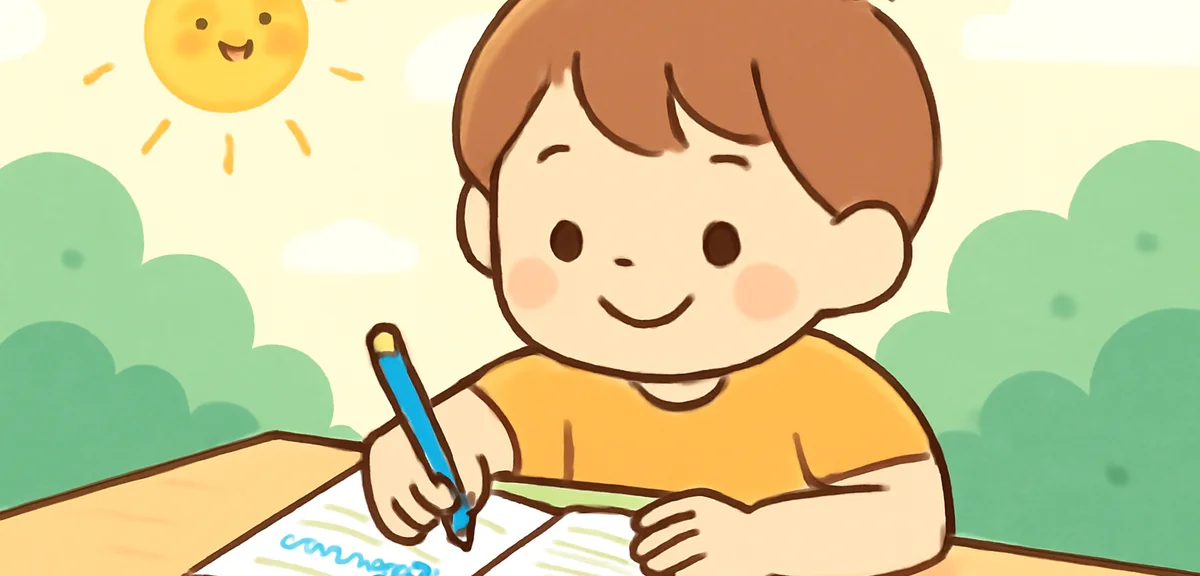 英語で日記を書く子ども、机の上にノートと鉛筆、夏の日差し