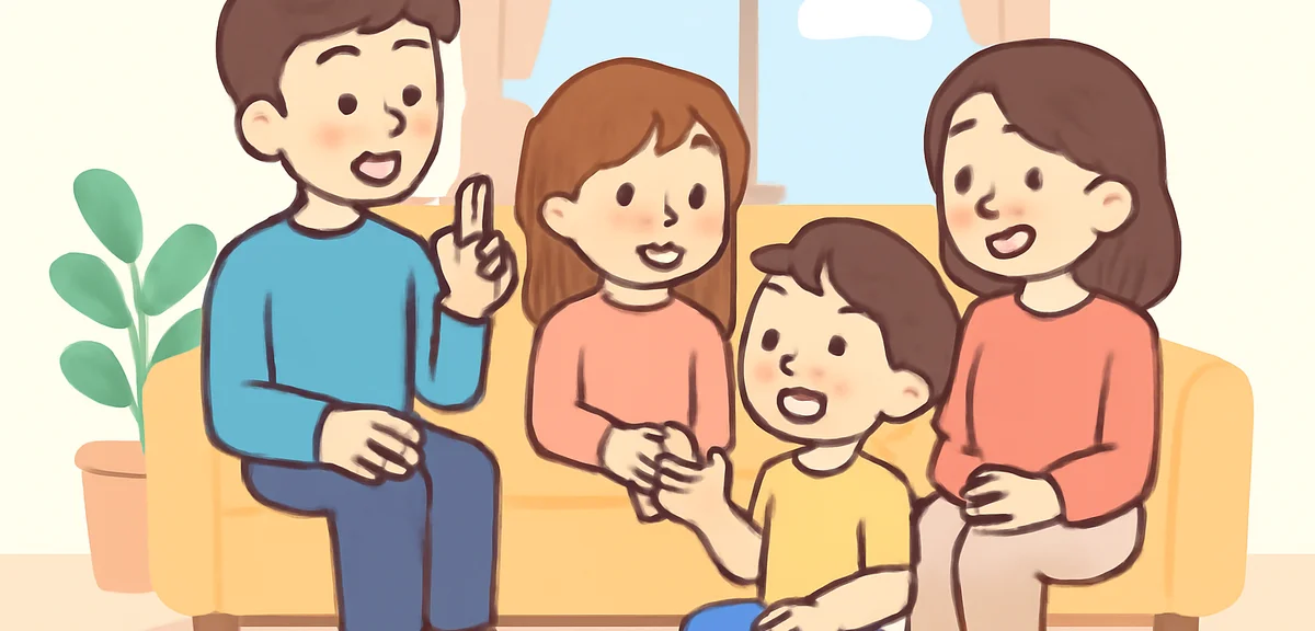 家族で英会話を楽しむシーン、リビングで会話している様子