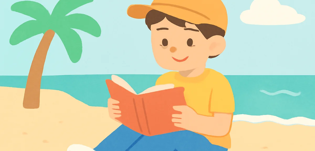 海辺で英語の本を読む学生、夏休みの勉強風景