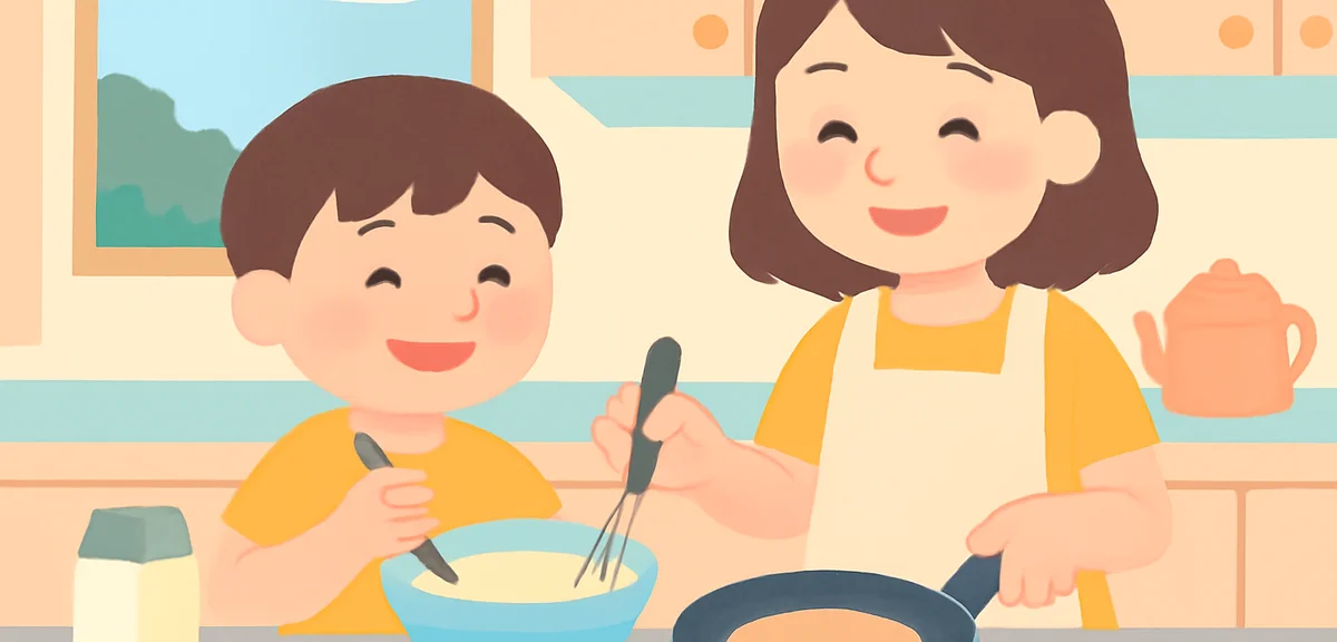 親子でキッチンに立ち、クッキーやパンケーキを作る笑顔の小学生、夏の昼下がり