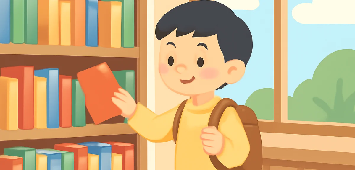 地域の図書館で本を選ぶ小学生、明るい窓際、静かで落ち着いた雰囲気