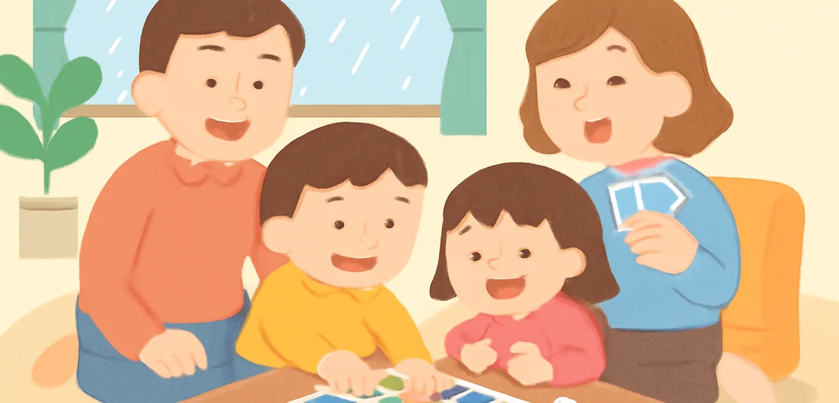 雨の日のリビングでボードゲームを囲む家族、にぎやかで楽しげな表情