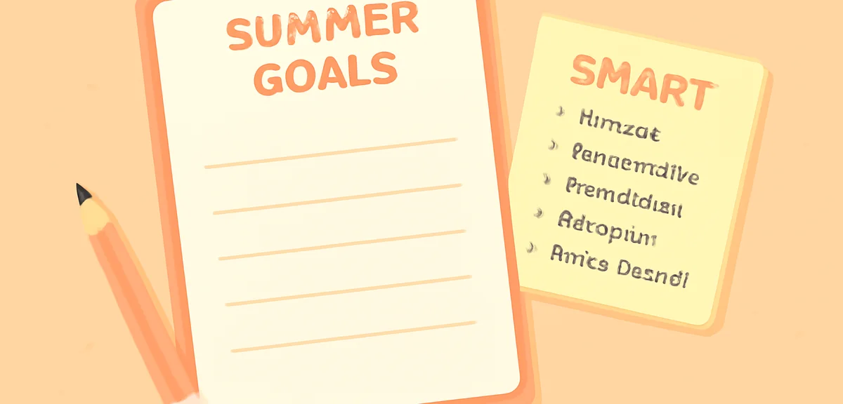 A blank summer goal setting sheet template on a desk with a pencil, SMART principle notes written be