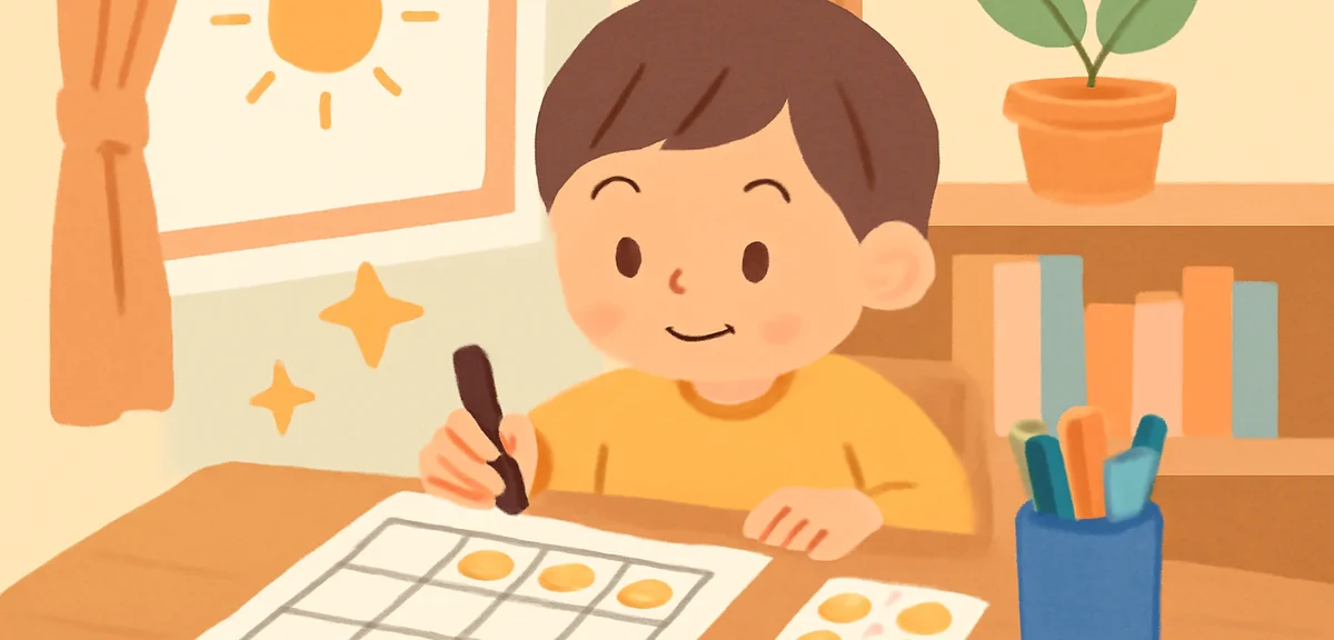An elementary school student filling in a goal sheet with smiley stickers and stars, bright morning 