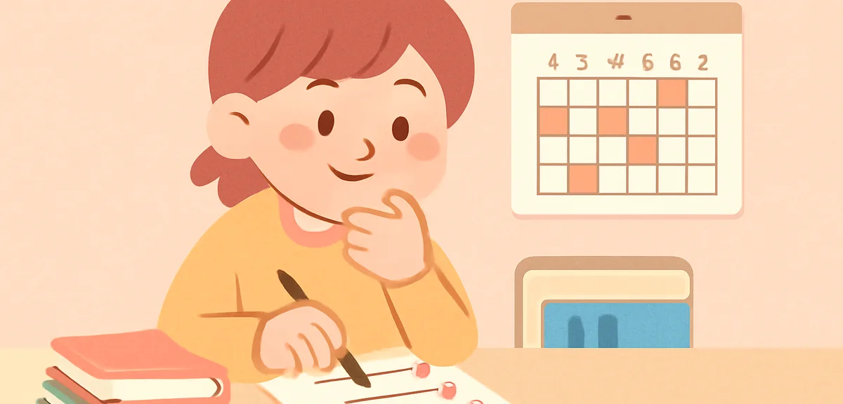 A middle school student reviewing weekly goals with a checklist, calendar and textbooks on the desk,