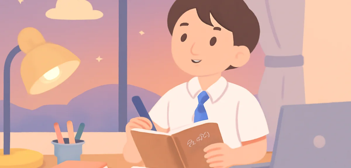 A high school student reflecting on summer goals with a journal and laptop, study materials around, 