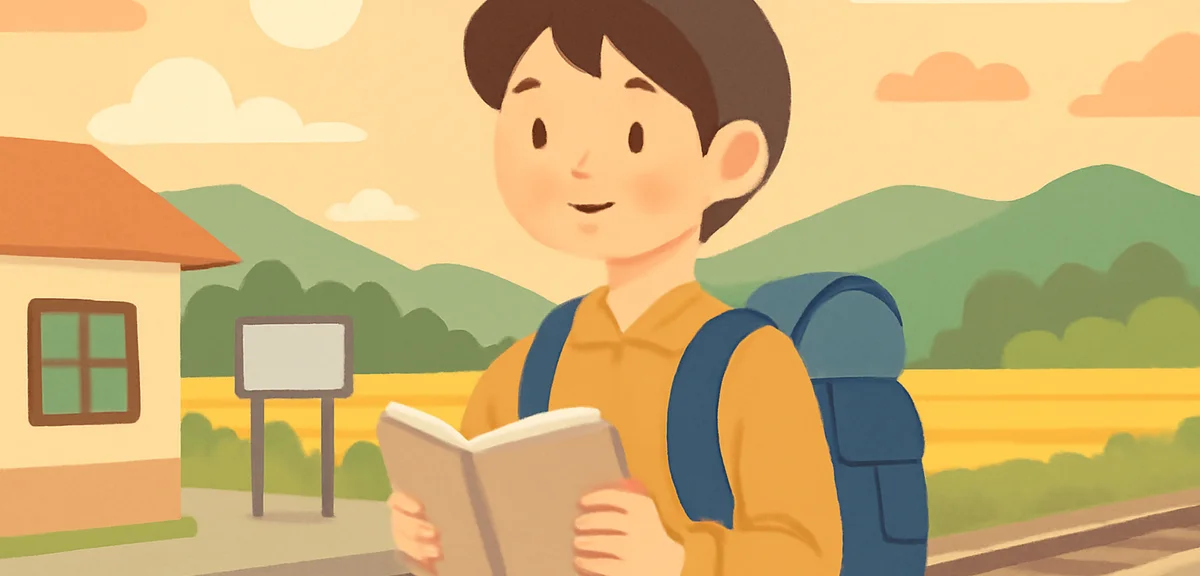 Young Japanese traveler with backpack at a scenic rural station in late summer, golden hour, travel 
