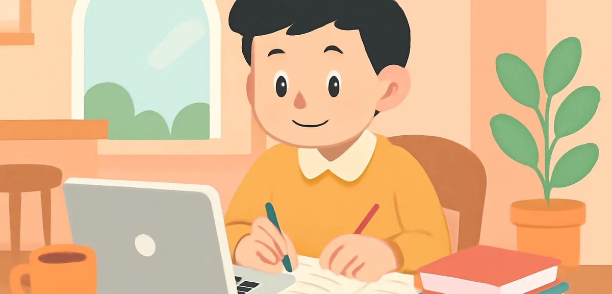 Japanese student studying for a certification exam with laptop and textbooks, coffee shop setting, f