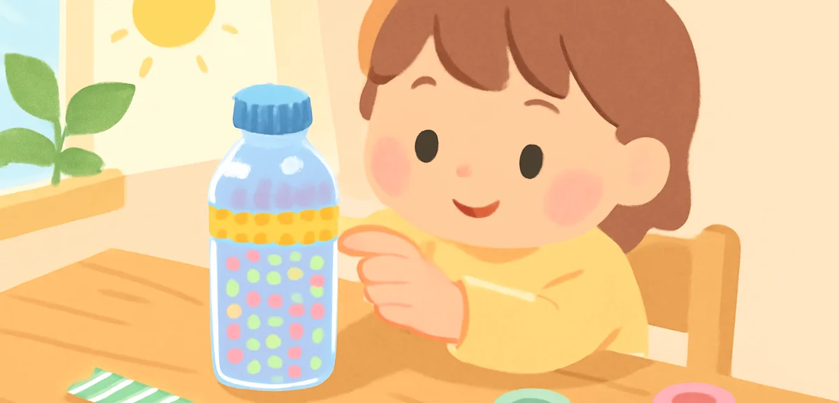 Clear plastic bottle filled with colorful beads and glitter being decorated with washi tape by a chi