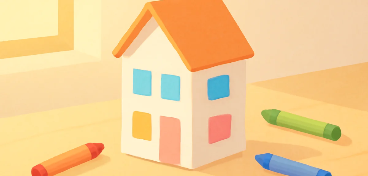 Small craft house made from a cut milk carton with colored paper windows and a triangular roof, plac