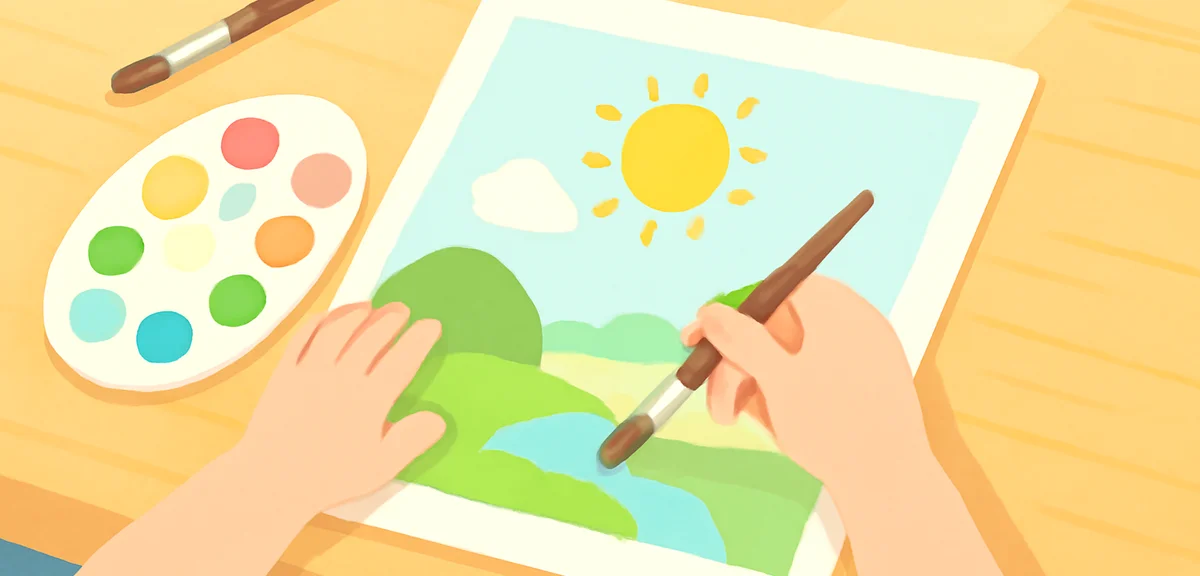 Child's hands carefully painting a summer landscape on watercolor paper, brushes and palette visible