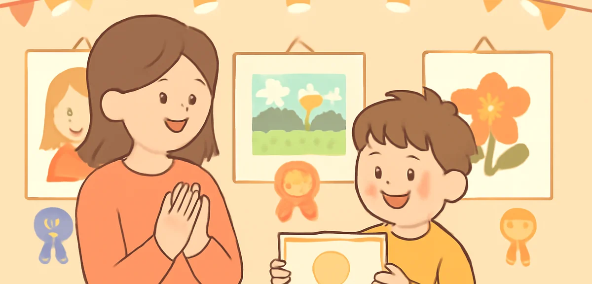 Award ceremony scene with children's artworks displayed on exhibition walls, ribbons and certificate