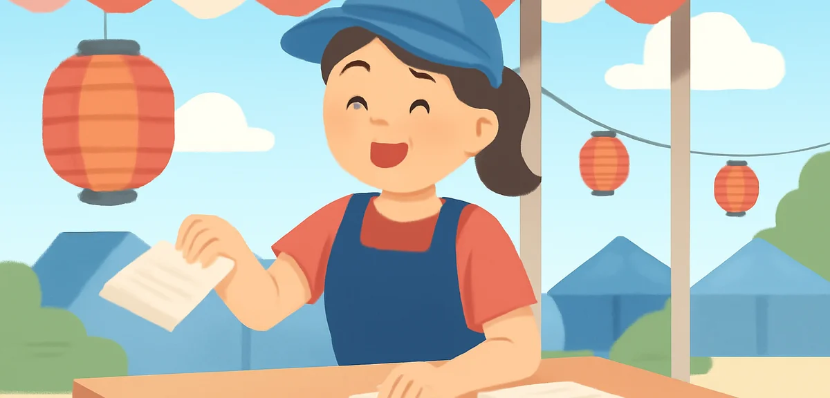 Event staff woman at an outdoor Japanese summer festival booth, smiling while handing flyers, bright