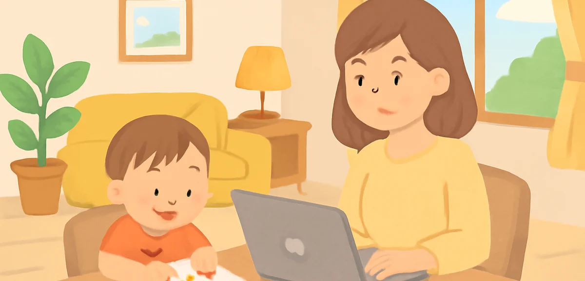 A mother working from home on a laptop while her child draws at the same table, natural summer light