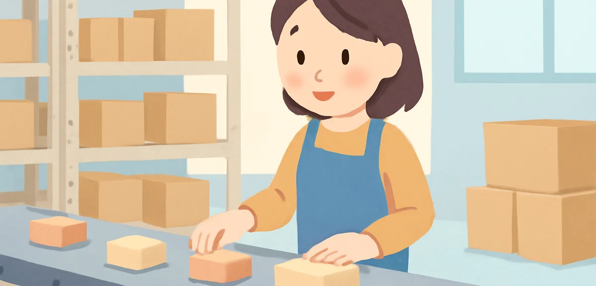 Warehouse light work scene with a Japanese woman in apron sorting small items on a conveyor, clean m