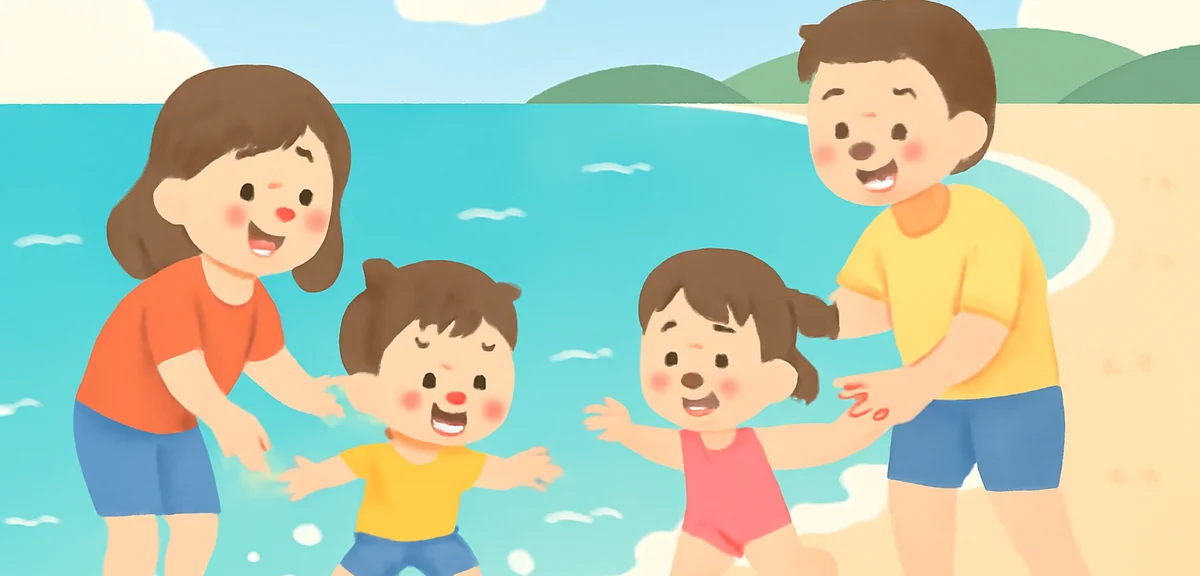 Izu beach with calm turquoise water, small children playing in shallow waves with parents, sandy bea