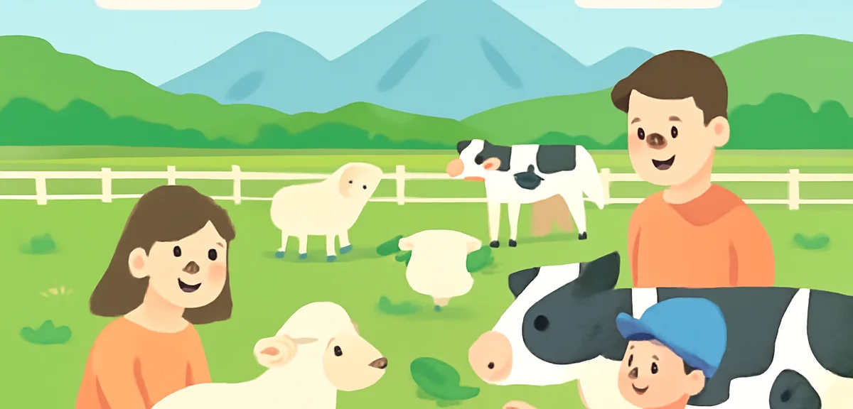 Nasu highland ranch scene with cows and sheep, a family with kids feeding animals, green pastures, m